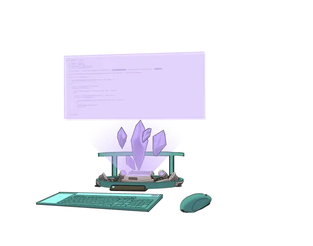 Illustration of a doge using a computer.