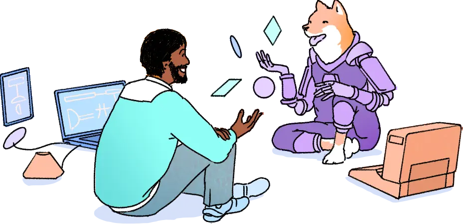 An illustration of a person and a robot dog exchanging crystals.