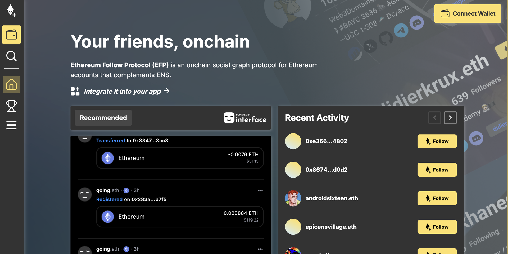 Screenshot 1 of Ethereum Follow Protocol (EFP) showing the application interface